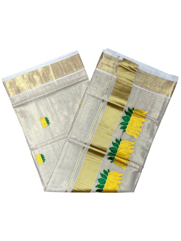 Southloom Tissue Kerala Kasavu Lines Saree with Lotus Embroidery Design in Yellow SL 289 - alternate view