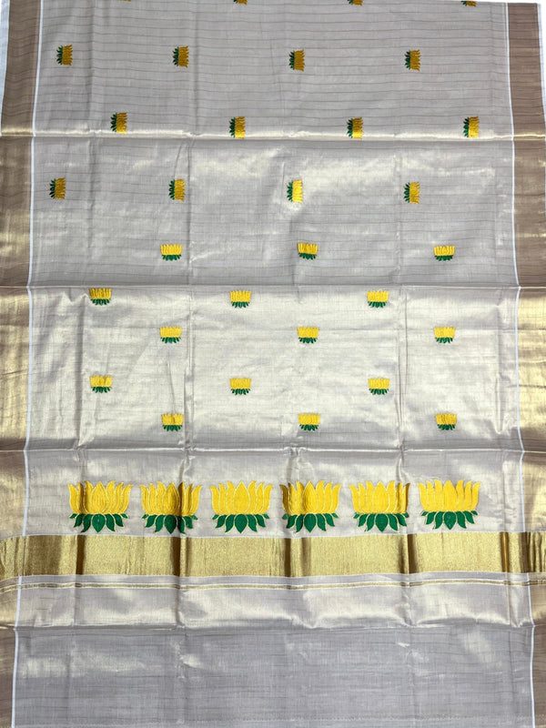 Southloom Tissue Kerala Kasavu Lines Saree with Lotus Embroidery Design in Yellow SL 289 thumbnail 3