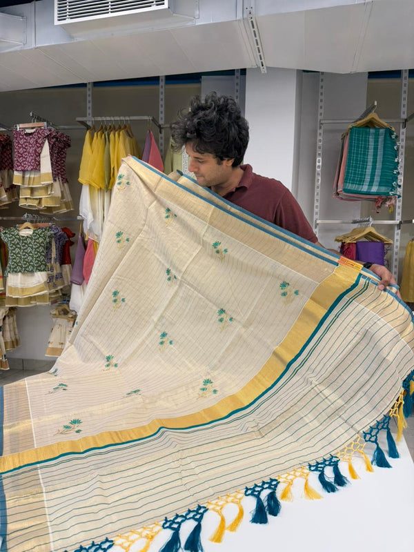 Kerala Tissue Saree With Green Floral Embroidery Design SL249