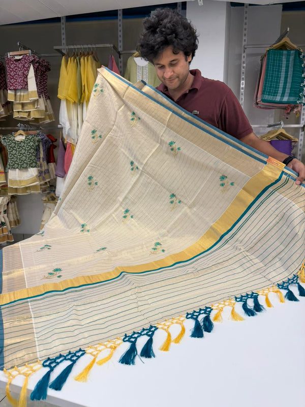 Kerala Tissue Saree With Green Floral Embroidery Design SL249 - alternate view