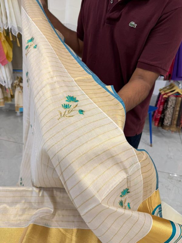 Kerala Tissue Saree With Green Floral Embroidery Design SL249 thumbnail 3