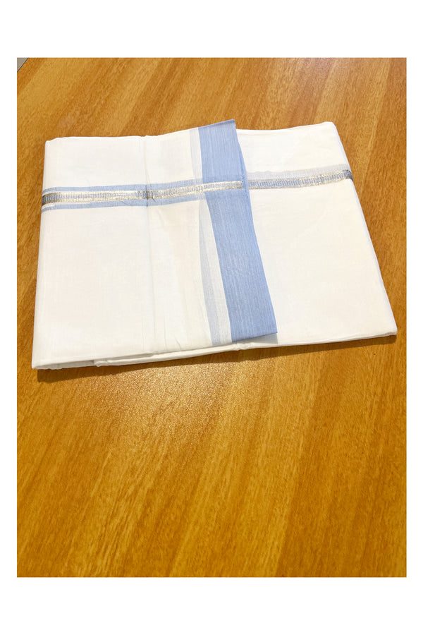 Pure White Cotton Double Mundu with Blue Border (South Indian Dhoti) - alternate view
