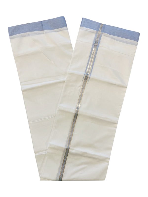 Pure White Cotton Double Mundu with Blue Border (South Indian Dhoti) thumbnail 3