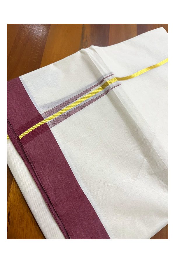 Kerala Pure Cotton Double Mundu with Kasavu Maroon Chutti Kara (South Indian Kerala Dhoti) - alternate view