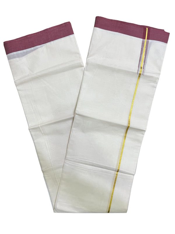 Kerala Pure Cotton Double Mundu with Kasavu Maroon Chutti Kara (South Indian Kerala Dhoti) thumbnail 3