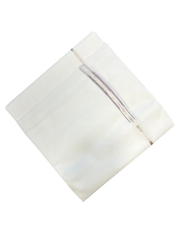 Pure White Cotton Double Mundu with Silver and Violet Chutti Kara (South Indian Dhoti)