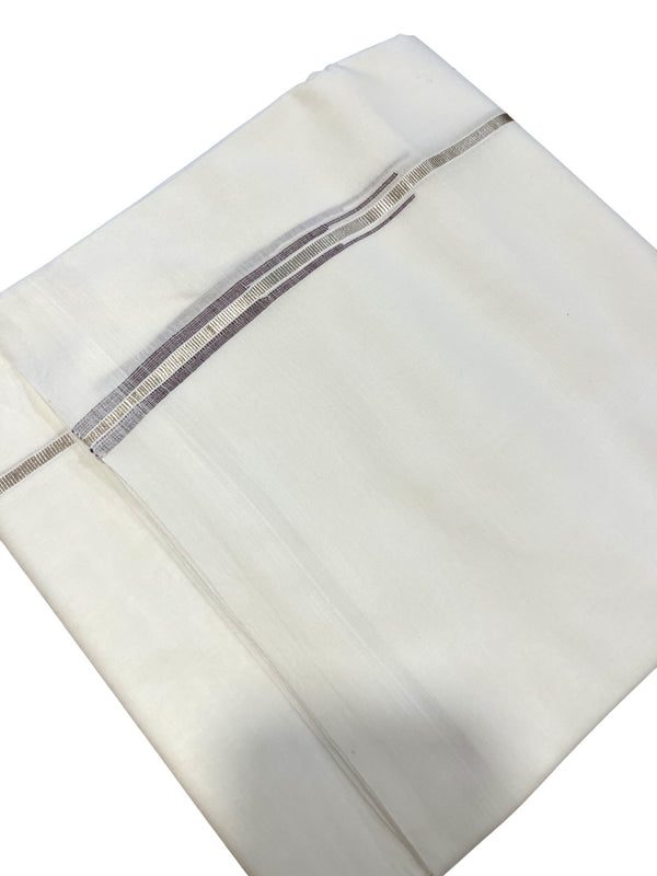 Pure White Cotton Double Mundu with Silver and Violet Chutti Kara (South Indian Dhoti) - alternate view