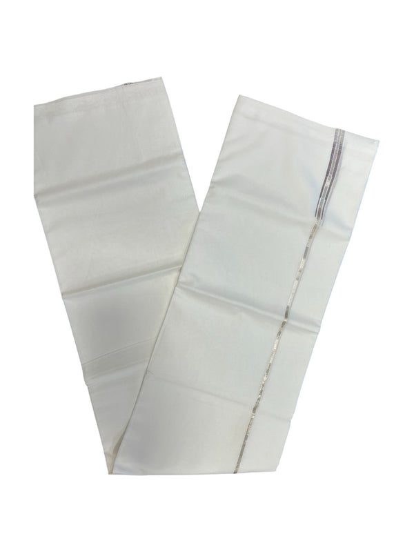 Pure White Cotton Double Mundu with Silver and Violet Chutti Kara (South Indian Dhoti) thumbnail 3