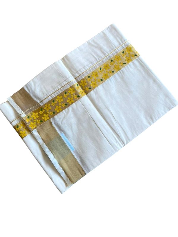 Southloom Kerala Pure Cotton Double Mundu with Kasavu Yellow And Kanikonna Print (South Indian Kerala Dhoti) SL288 - alternate view