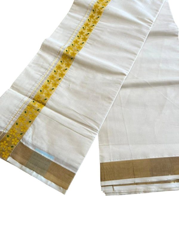 Southloom Kerala Pure Cotton Double Mundu with Kasavu Yellow And Kanikonna Print (South Indian Kerala Dhoti) SL288 thumbnail 3