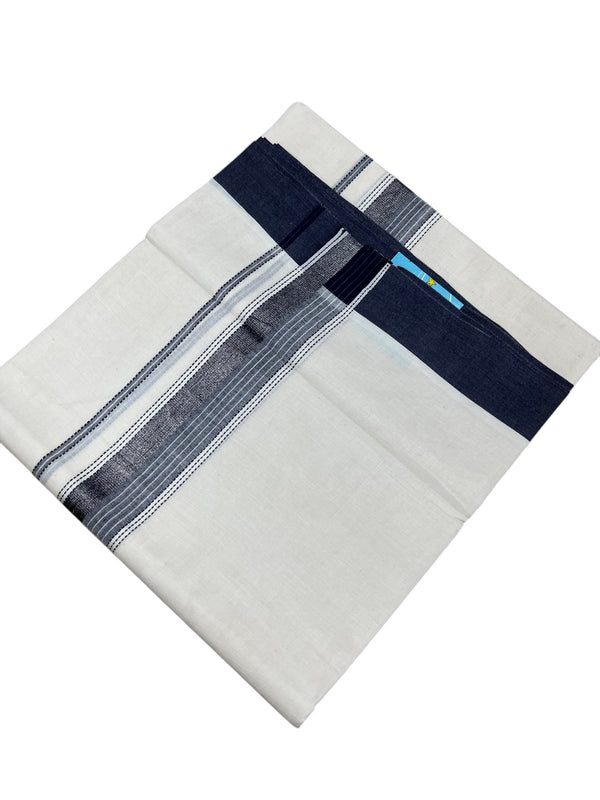 Southloom Kerala Pure Cotton Double Mundu with Silver Lines and Blue and Grey Border with (South Indian Dhoti) - alternate view