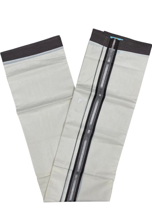 Southloom Kerala Pure Cotton Double Mundu with Silver Lines and Brown Border with (South Indian Dhoti) thumbnail 3