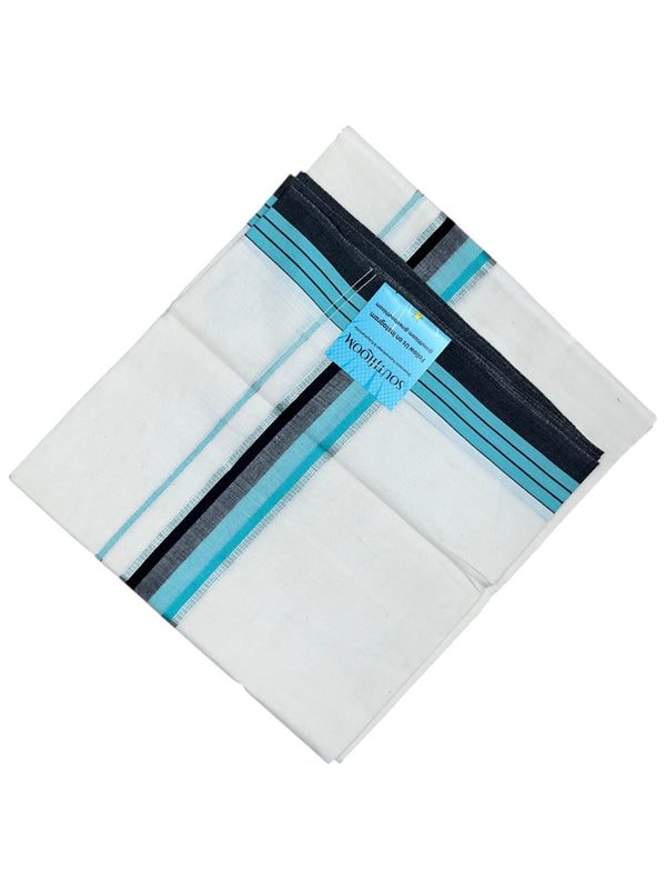 Southloom Kerala Pure Cotton Double Mundu with Silver Lines and Black And Turquise Border with (South Indian Dhoti)