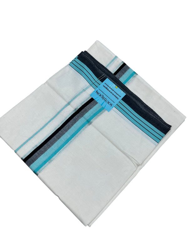 Southloom Kerala Pure Cotton Double Mundu with Silver Lines and Black And Turquise Border with (South Indian Dhoti) - alternate view