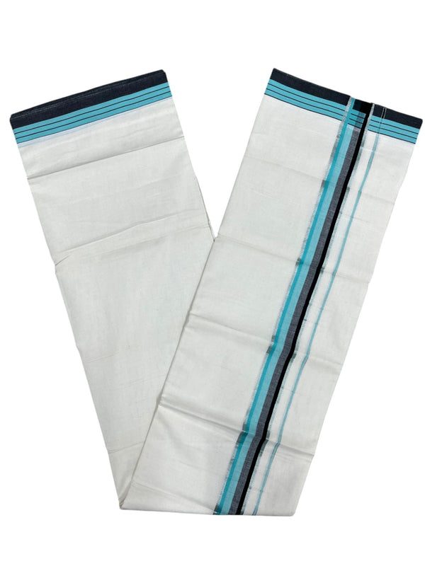 Southloom Kerala Pure Cotton Double Mundu with Silver Lines and Black And Turquise Border with (South Indian Dhoti) thumbnail 3