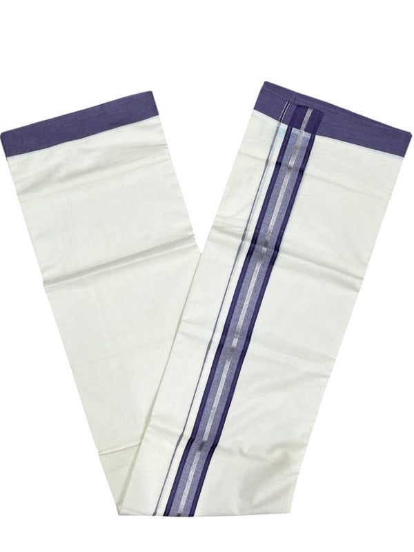 Southloom Kerala Pure Cotton Double Mundu with Silver Lines and Violet Border with (South Indian Dhoti) thumbnail 3