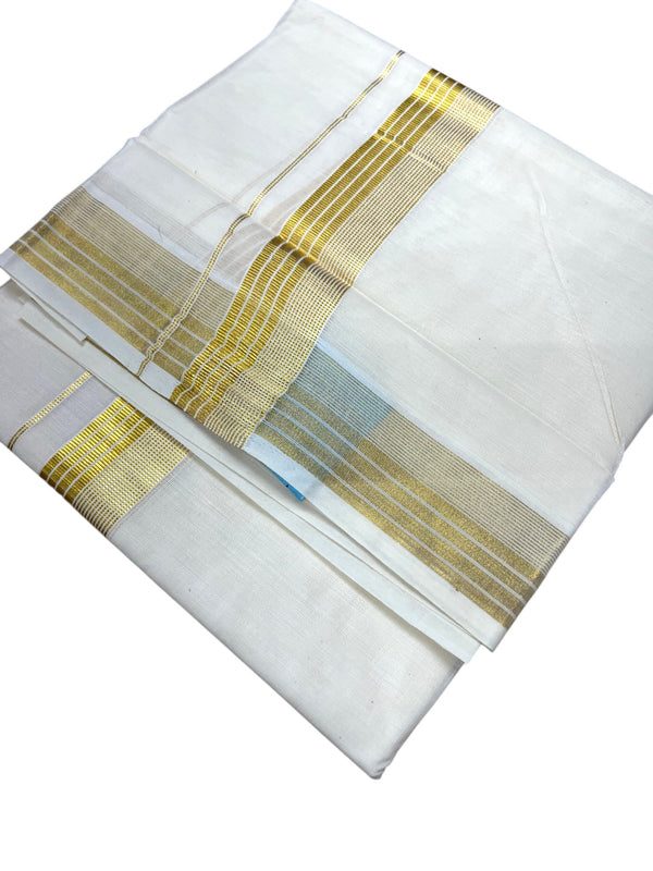 Southloom Kerala Pure Cotton Double Mundu with Gold Kasavu and Border (South Indian Dhoti) thumbnail 3