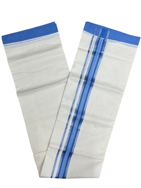 Southloom Kerala Pure Cotton Double Mundu with Silver Lines and Blue Border with (South Indian Dhoti) thumbnail 3