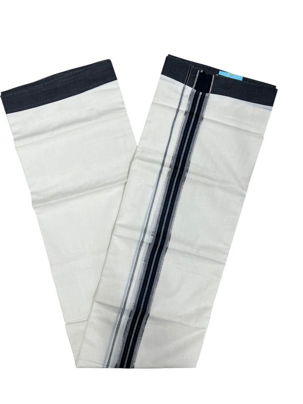 Southloom Kerala Pure Cotton Double Mundu with Silver Lines and Grey and Black Border with (South Indian Dhoti) thumbnail 3