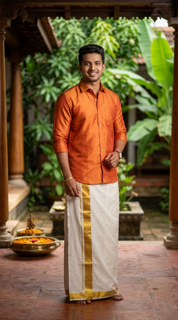 Southloom Kerala Pure Cotton Double Mundu with Gold Kasavu and Border (South Indian Dhoti)