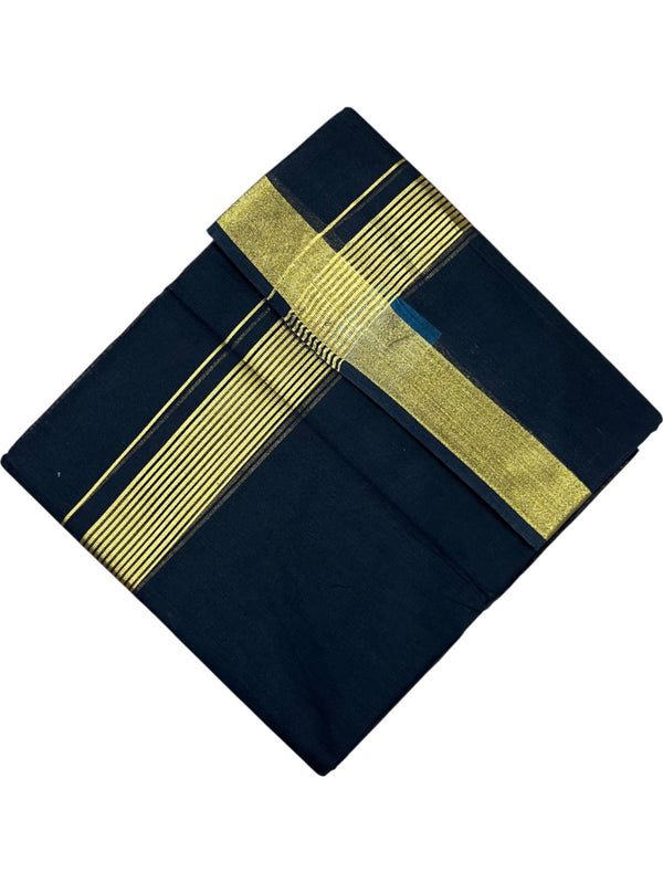 Southloom Kerala Pure Cotton Black Double Mundu with Silver Kasavu and Border (South Indian Dhoti)