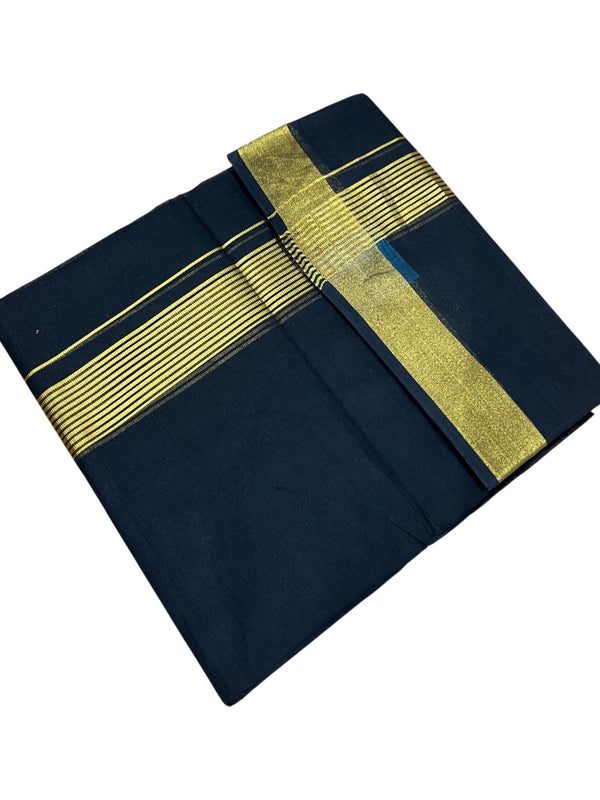 Southloom Kerala Pure Cotton Black Double Mundu with Silver Kasavu and Border (South Indian Dhoti) - alternate view