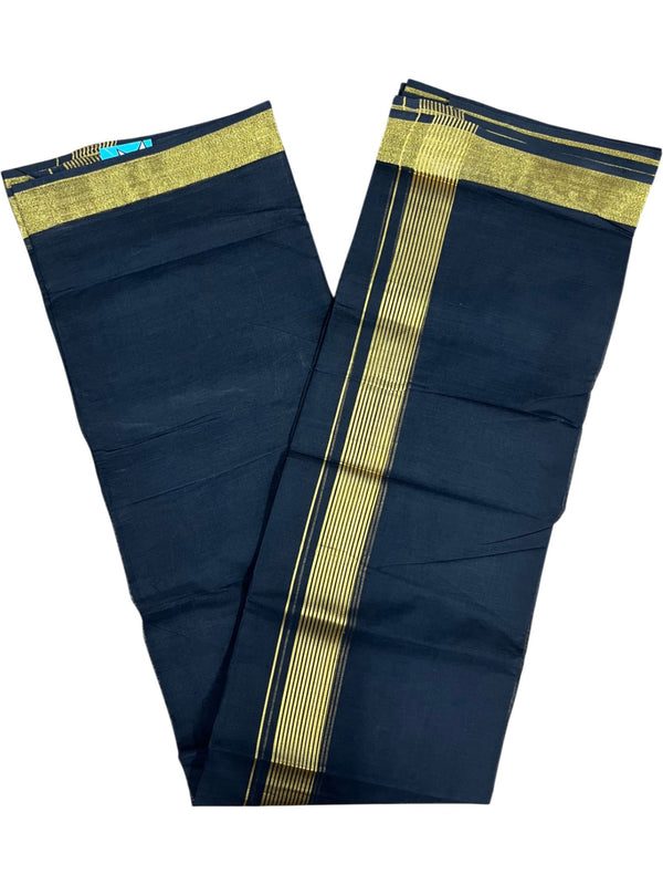 Southloom Kerala Pure Cotton Black Double Mundu with Silver Kasavu and Border (South Indian Dhoti) thumbnail 3