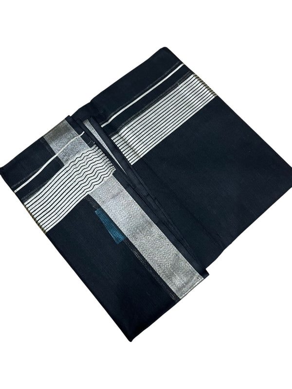 Southloom Kerala Pure Cotton Black Double Mundu with Silver Kasavu and Border (South Indian Dhoti) - alternate view