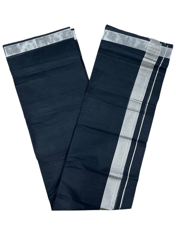 Southloom Kerala Pure Cotton Black Double Mundu with Silver Kasavu and Border (South Indian Dhoti) thumbnail 3