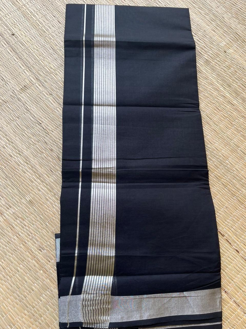 Pure White Cotton Double Mundu with Blue Border - alternate view