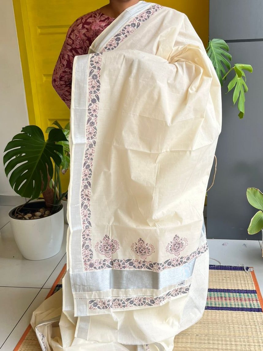 Balaramapuram Handloom Tissue Kasavu Saree with Blue Border