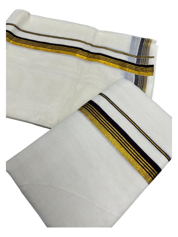Pure Cotton Kerala Single Set Mundu (Mundum Neriyathum) with Brown Kasavu Border in 2.80 Mtrs - alternate view