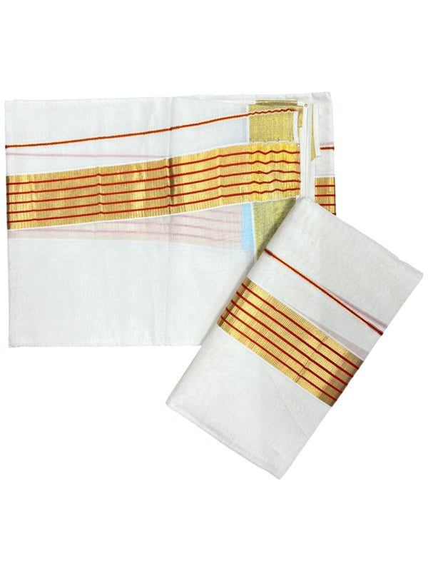 Southloom Pure Cotton Kerala Kasavu Single Set Mundu (Mundum Neriyathum) with Orange and Kasavu Border - alternate view