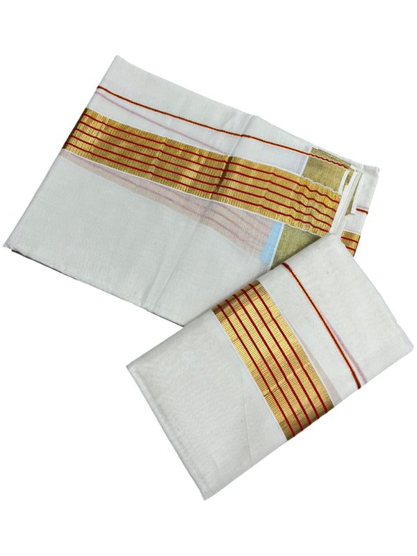 Southloom Pure Cotton Kerala Kasavu Single Set Mundu (Mundum Neriyathum) with Orange and Kasavu Border thumbnail 3