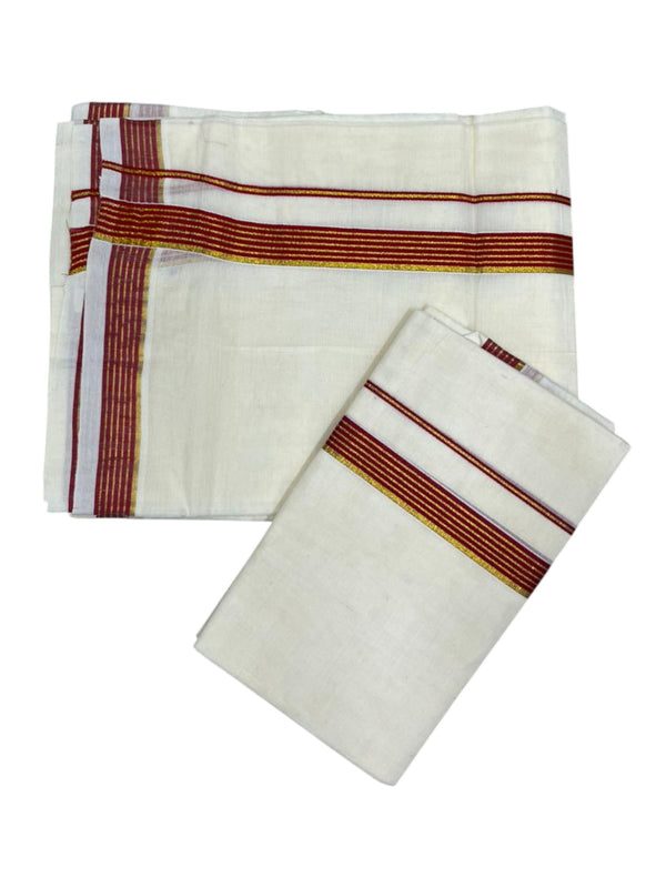 Pure Cotton Kerala Single Set Mundu (Mundum Neriyathum) with Red Kasavu Border in 2.80 Mtrs