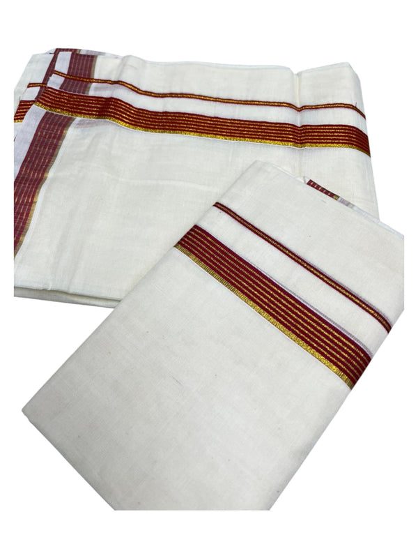 Pure Cotton Kerala Single Set Mundu (Mundum Neriyathum) with Red Kasavu Border in 2.80 Mtrs - alternate view