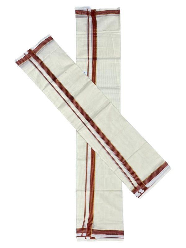 Pure Cotton Kerala Single Set Mundu (Mundum Neriyathum) with Red Kasavu Border in 2.80 Mtrs thumbnail 3