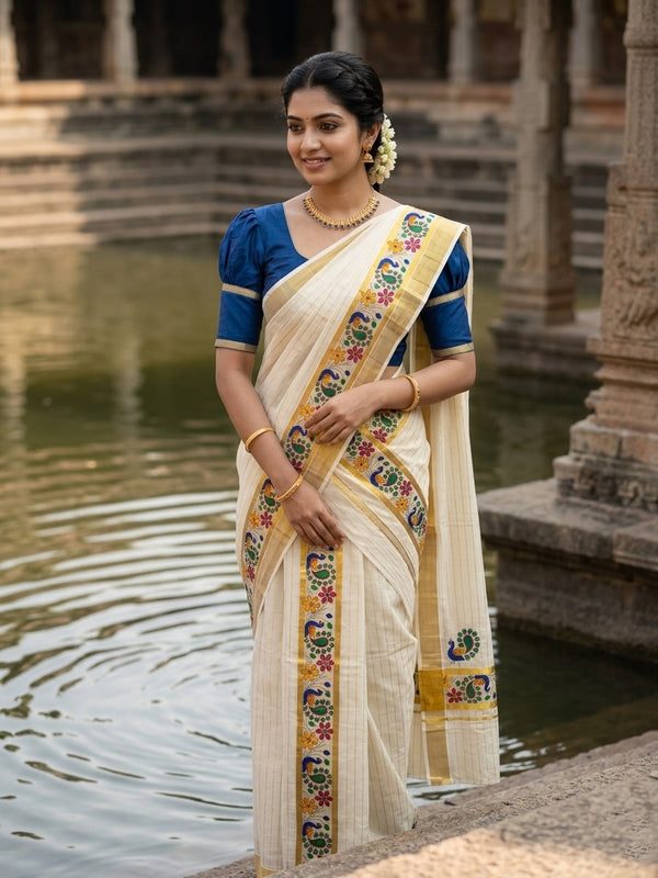 Southloom Cotton Lines Single Set Mundu (Mundu Neriyathum)Peacock Digital Print With Gold Border Kasavu in 2.80 Mtrs