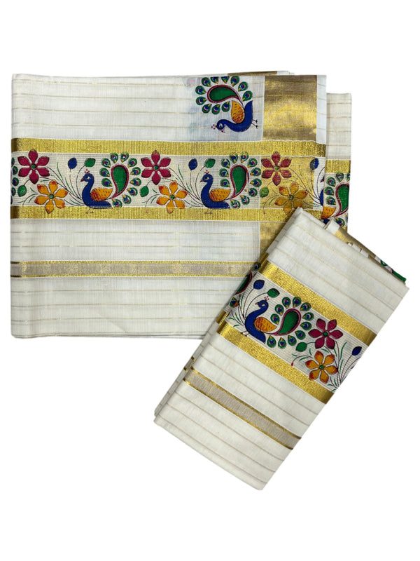 Southloom Cotton Lines Single Set Mundu (Mundu Neriyathum)Peacock Digital Print With Gold Border Kasavu in 2.80 Mtrs - alternate view