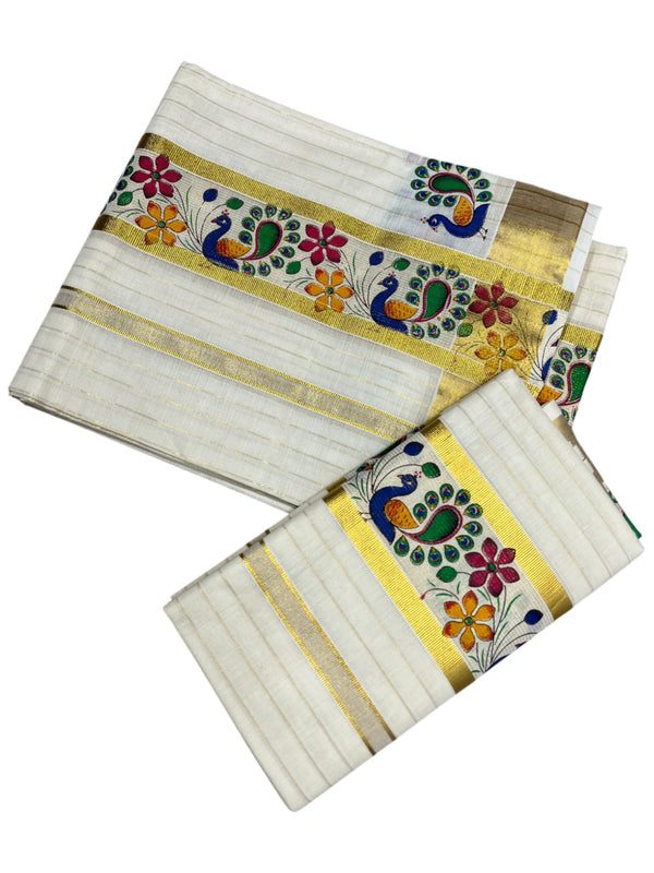 Southloom Cotton Lines Single Set Mundu (Mundu Neriyathum)Peacock Digital Print With Gold Border Kasavu in 2.80 Mtrs thumbnail 3