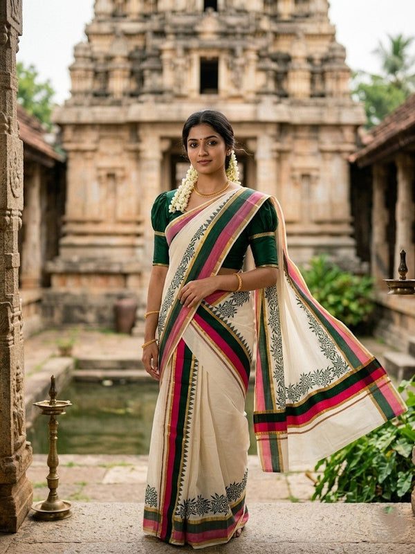 Southloom Pure Cotton Kerala Single Set Mundu (Mundum Neriyathum) with Floral and Temple Print with Green and Pink Border