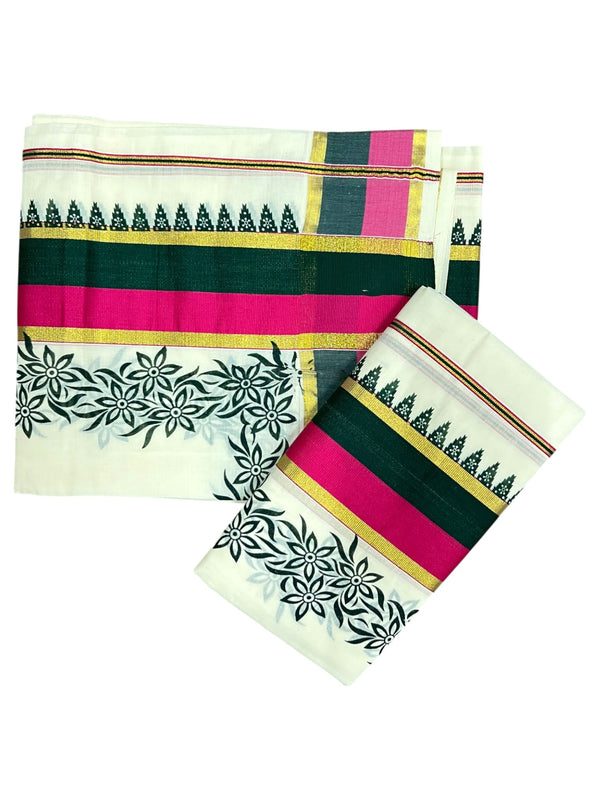 Southloom Pure Cotton Kerala Single Set Mundu (Mundum Neriyathum) with Floral and Temple Print with Green and Pink Border - alternate view