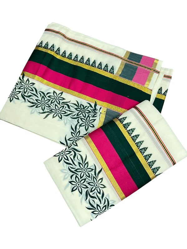 Southloom Pure Cotton Kerala Single Set Mundu (Mundum Neriyathum) with Floral and Temple Print with Green and Pink Border thumbnail 3