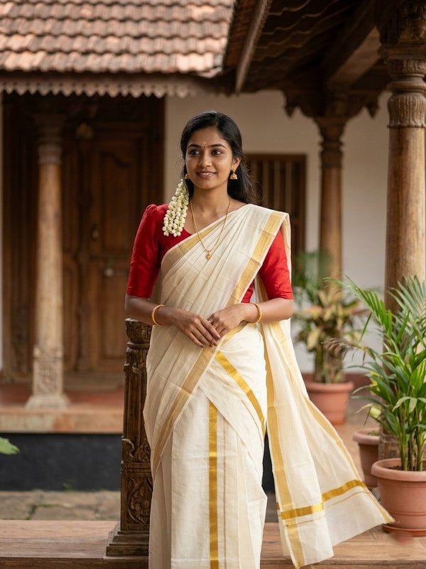 Southloom Pure Cotton Kerala Single Set Mundu (Mundum Neriyathum) with 1 inch Border - Image 1