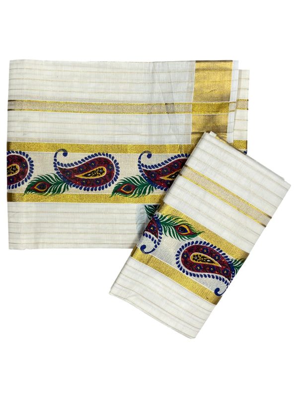 Southloom  Cotton Lines Single Set Mundu (Mundu Neriyathum) Floral Digital Print With Gold Border Kasavu in 2.80 Mtrs - alternate view