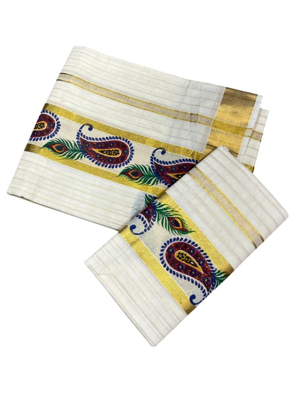 Southloom  Cotton Lines Single Set Mundu (Mundu Neriyathum) Floral Digital Print With Gold Border Kasavu in 2.80 Mtrs thumbnail 3