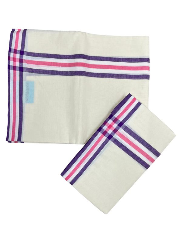 Southloom Pure Cotton Kerala Single Mulloth Set Mundu (Mundum Neriyathum) Violet And Pink Border in 2.80 mtrs SL243 - alternate view