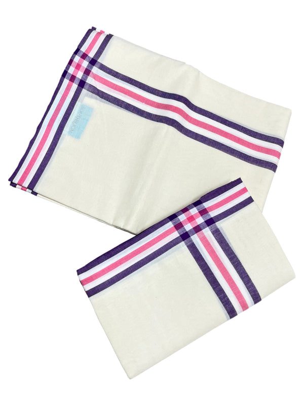 Southloom Pure Cotton Kerala Single Mulloth Set Mundu (Mundum Neriyathum) Violet And Pink Border in 2.80 mtrs SL243 thumbnail 3