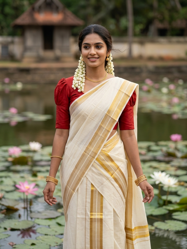 Southloom Pure Cotton Kerala Kasavu Set Mundu (Mundum Neriyathum) Kasavu Border in 2.80 Mtrs