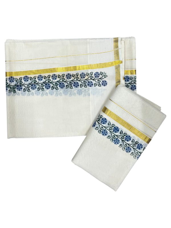 Southloom Pure Cotton Kerala Single Floral Print Set Mundu (Mundum Neriyathum) Blue and Green Border in 2.80 mtrs - alternate view